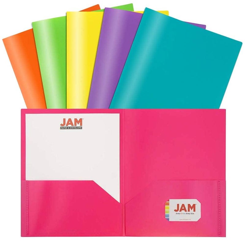 JAM Paper مجلدات جام بيبر البلاستيكية ذات جيبين - مجلدات مدرسية متينة - ألوان عصرية متنوعة - 6/عبوة - Image 1